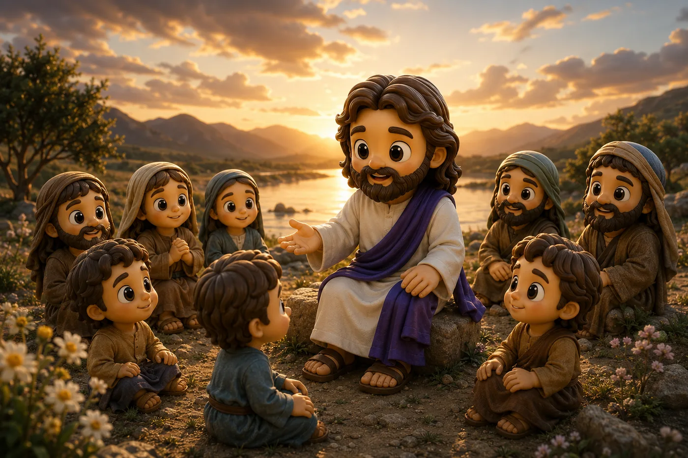Little Jesus teaching the children at sunset